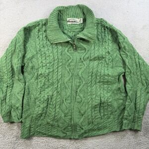 Aran Crafts Cardigan Sweater Mens Large Green 100% Merino Wool Cable Knit Zip